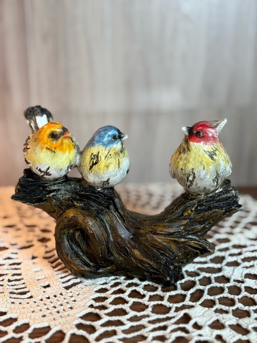 Hand-Painted Three-Bird Branch Figurine in Yellow, Blue & Red